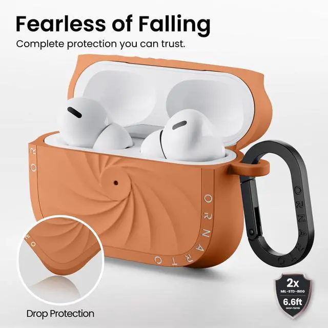 Alt view image 3 of 5 - ORNARTO Vortuxe for AirPods Pro 3 Case - 2X MIL-STD Drop Protection, Liquid Silicone Shockproof Cover with Carabiner, Sleek Aesthetic Case for AirPods Pro 3rd Generation-Autumn Ora