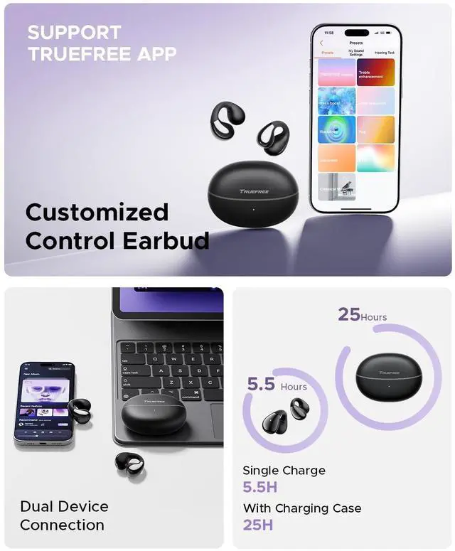 Alt view image 5 of 5 - truefree B1 Open-Ear Wireless Earbuds, Bluetooth 5.4 Headphones with Spatial Audio, Ultra-Light Clip-On Fit, 25H Battery, Fast Charging, Multipoint Connection, App Customization, Workouts, Comm