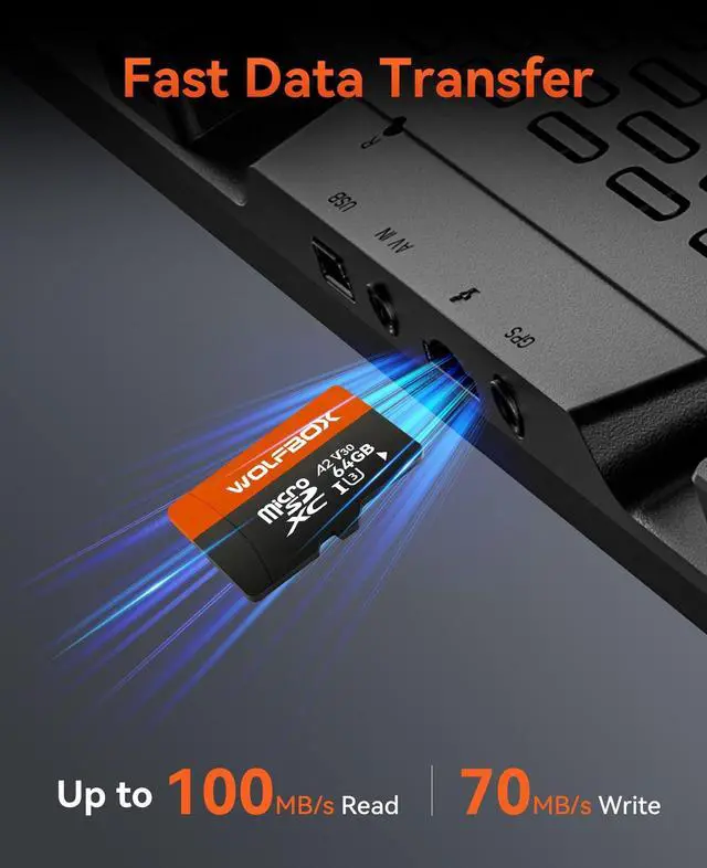 Alt view image 3 of 5 - WOLFBOX 64GB MicroSD Card with SD Adapter, Up to 100MB/s, U3 A2 V30, High Speed Transfer, Supports 4K UHD Video Recording, Compatible with G840S / G930 / G900PRO / G900 Tripro and X5 Dash Cams