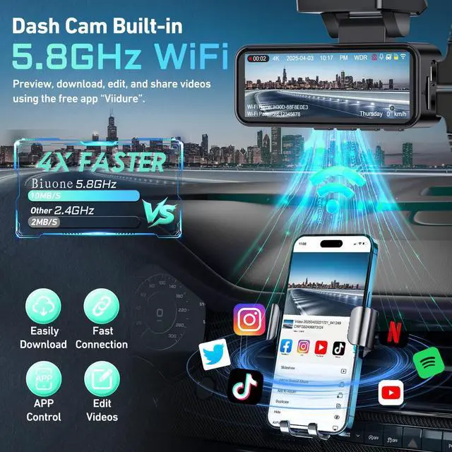 Alt view image 4 of 5 - Dash Cam Front and Rear, 4K Dash Cam Built-in 5.8G WiFi GPS ADAS, 3.2" IPS Screen Dash Camera for Cars with Free 32GB Card,G-Sensor,Loop Recording,WDR,Night Vision Dashboard Camera