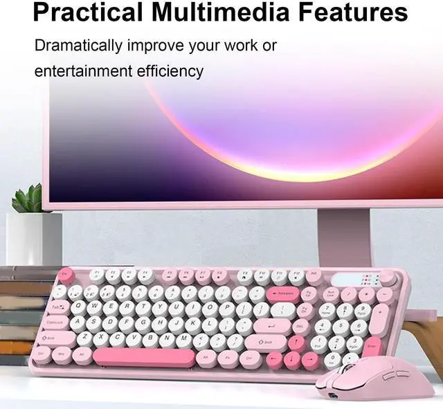 Alt view image 2 of 5 - Tangxi Wireless Keyboard and Mouse Combo, 2.4G & Bluetooth, 98 Keys Retro Typewriter Keyboard with Round Keycaps, 3 DPI Adjustable Quiet Mouse (Pink)