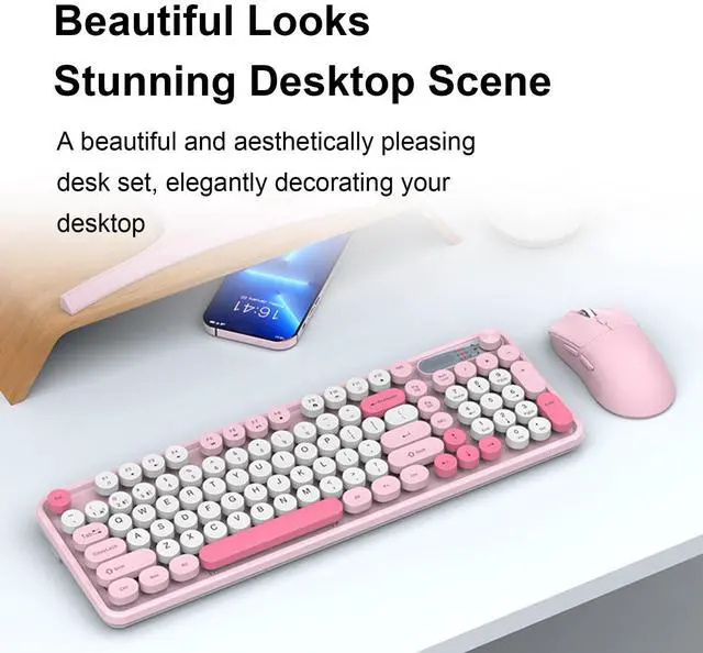 Alt view image 3 of 5 - Tangxi Wireless Keyboard and Mouse Combo, 2.4G & Bluetooth, 98 Keys Retro Typewriter Keyboard with Round Keycaps, 3 DPI Adjustable Quiet Mouse (Pink)