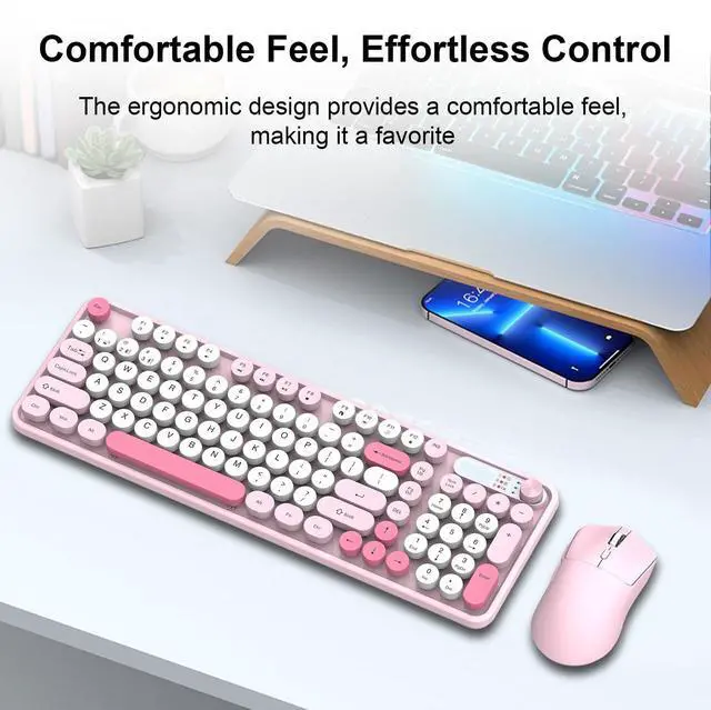 Alt view image 4 of 5 - Tangxi Wireless Keyboard and Mouse Combo, 2.4G & Bluetooth, 98 Keys Retro Typewriter Keyboard with Round Keycaps, 3 DPI Adjustable Quiet Mouse (Pink)