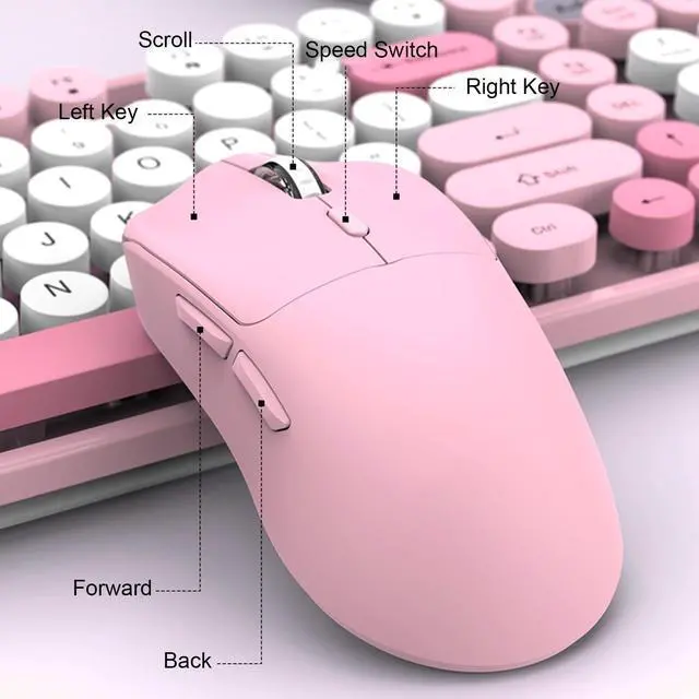 Alt view image 5 of 5 - Tangxi Wireless Keyboard and Mouse Combo, 2.4G & Bluetooth, 98 Keys Retro Typewriter Keyboard with Round Keycaps, 3 DPI Adjustable Quiet Mouse (Pink)