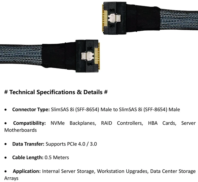 Alt view image 4 of 5 - ST-JY SlimSAS 8i to 8i Cable, Internal Mini SAS HD to SlimSAS X8 Adapter 0.5M, High-Speed Connector for NVMe RAID Controller Card Server Storage