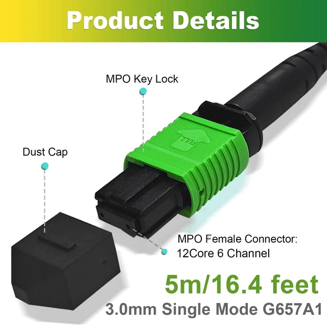 Alt view image 5 of 5 - 2Pcs 5m MPO Fiber Optic Patch Cord, Single Mode Cable Jumper Plug, Female to Female, 12 Core 6 Channel Type B, APC end face, LSZH 3.0mm G657A1, Compatible with 8 Core 4 Channel MPO