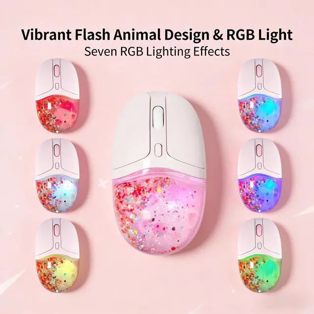 Alt view image 2 of 5 - Justdfine Aqua Mouse, Clear Water Glitter Animal Design Wireless Bluetooth Mouse, Pink Multi-Mode, 4000 DPI Adjustable, RGB Light Portable Rechargeable Mouse for Laptop PC Office Home