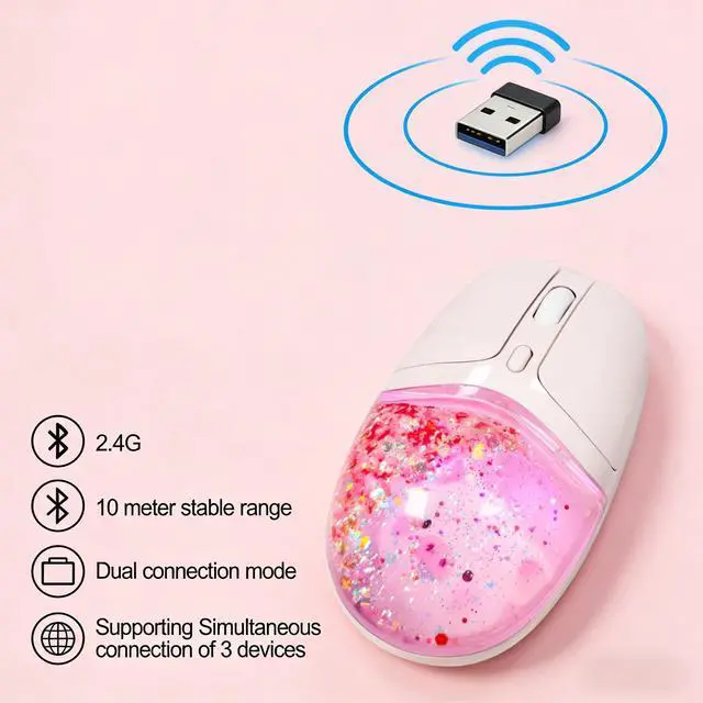 Alt view image 3 of 5 - Justdfine Aqua Mouse, Clear Water Glitter Animal Design Wireless Bluetooth Mouse, Pink Multi-Mode, 4000 DPI Adjustable, RGB Light Portable Rechargeable Mouse for Laptop PC Office Home