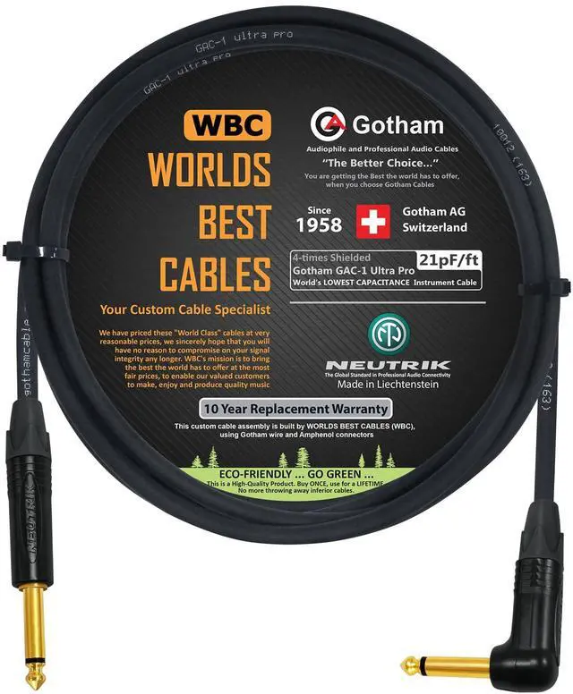 Main image of WORLDS BEST CABLES 6 Foot - Gotham GAC-1 Ultra Pro - Premium Low-Cap (21 pf/F) Guitar Bass Instrument Cable w/Neutrik Gold Straight to Angled inch (6.35mm) TS Connectors - Custom Made