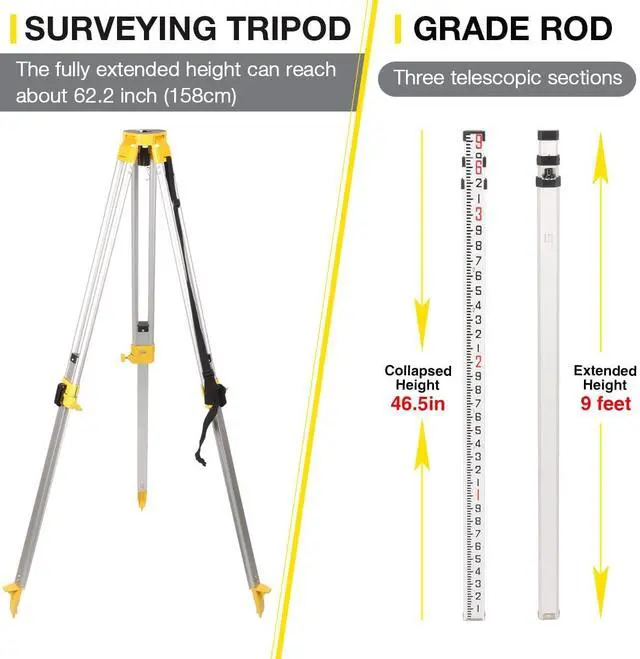 Alt view image 2 of 5 - Professional Surveying Tripod & Aluminum Grade Rod Combo - 9ft Telescopic Rod + 65" Adjustable Tripod for Rotary Laser Level, Theodolite, Land Surveying Equipment(Yellow)