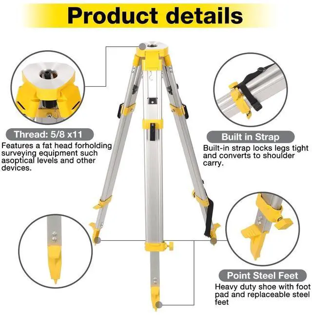 Alt view image 4 of 5 - Professional Surveying Tripod & Aluminum Grade Rod Combo - 9ft Telescopic Rod + 65" Adjustable Tripod for Rotary Laser Level, Theodolite, Land Surveying Equipment(Yellow)