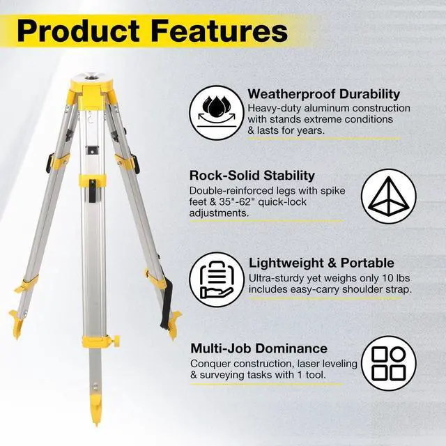 Alt view image 5 of 5 - Professional Surveying Tripod & Aluminum Grade Rod Combo - 9ft Telescopic Rod + 65" Adjustable Tripod for Rotary Laser Level, Theodolite, Land Surveying Equipment(Yellow)