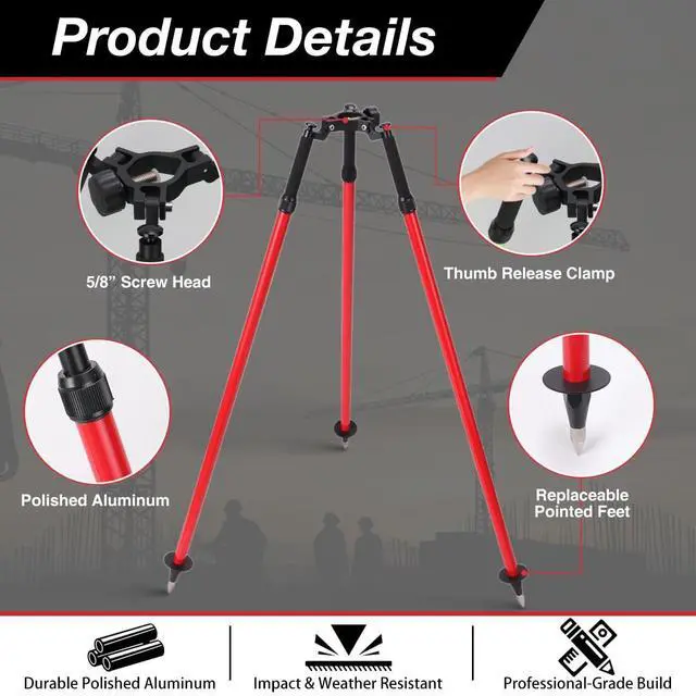 Alt view image 3 of 4 - MOETER Aluminum Surveying Tripod with Thumb Release Surveyor Tripod for Prism Poles, GPS Rods, GNSS Poles Adjustable Telescopic Survey for Total Station Use (Red)