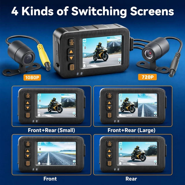 Alt view image 5 of 5 - Motorcycle 1080P Dash Cam Front and Rear Dual Lens, IP67 Waterproof HD DVR with HDR,G-Sensor, Motorbike Cam Loop Recording,4 Screen Switching Modes,Wired Remote,150 Wide-Angle,Moto Camera for Riding