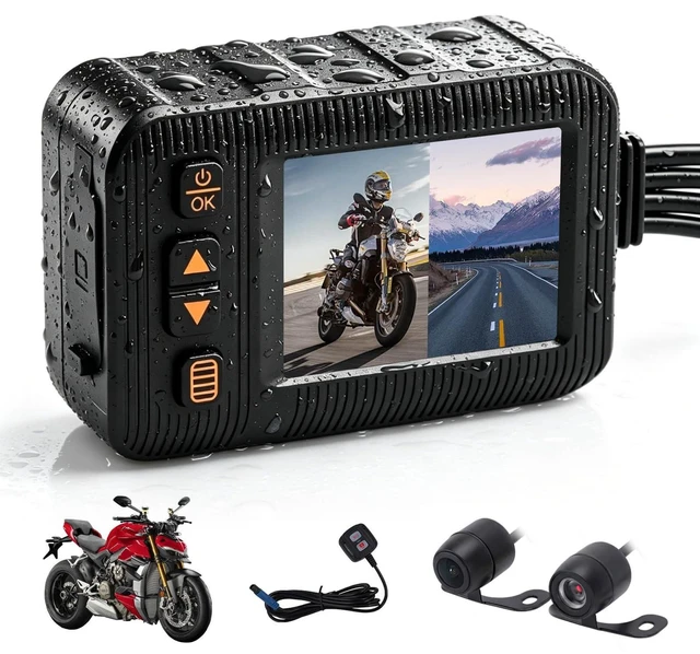 Main image of Motorcycle 1080P Dash Cam Front and Rear Dual Lens, IP67 Waterproof HD DVR with HDR,G-Sensor, Motorbike Cam Loop Recording,4 Screen Switching Modes,Wired Remote,150 Wide-Angle,Moto Camera for Riding