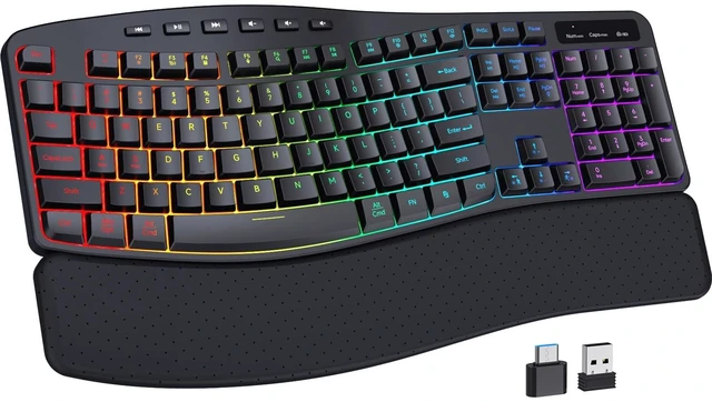 Main image of COLIKES Wireless Ergonomic Keyboard, Backlit Keyboard Silent with 15 RGB Lighting Effects, Leather Wrist Rest, 2500mAh Rechargeable, Multimedia Keys, Wave Keyboard for PC Computer Laptop Window