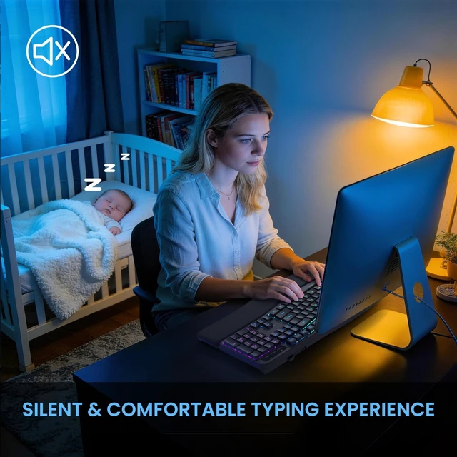 Alt view image 5 of 5 - COLIKES Wireless Ergonomic Keyboard, Backlit Keyboard Silent with 15 RGB Lighting Effects, Leather Wrist Rest, 2500mAh Rechargeable, Multimedia Keys, Wave Keyboard for PC Computer Laptop Window