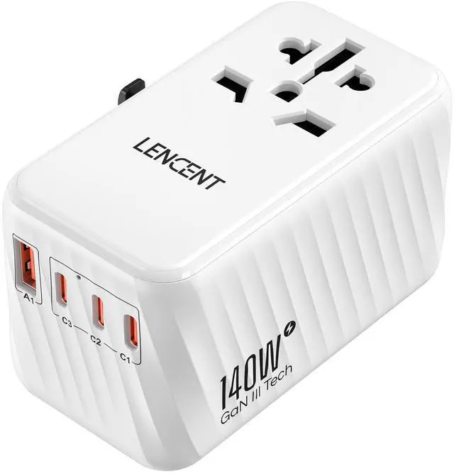 Main image of LENCENT 140W Universal Travel Adapter, International Plug Adaptor, GaN Fast Charger with 3 PD3.1 Type C+1 QC USB A, All in One Travel Essentials, Worldwide Plug Adapter for USA/UK/EU/AU, White