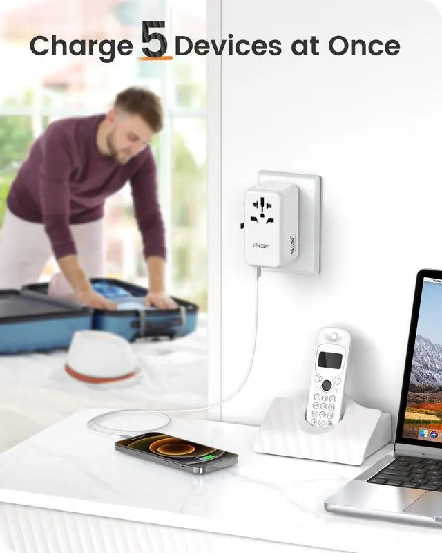 Alt view image 4 of 4 - LENCENT 140W Universal Travel Adapter, International Plug Adaptor, GaN Fast Charger with 3 PD3.1 Type C+1 QC USB A, All in One Travel Essentials, Worldwide Plug Adapter for USA/UK/EU/AU, White