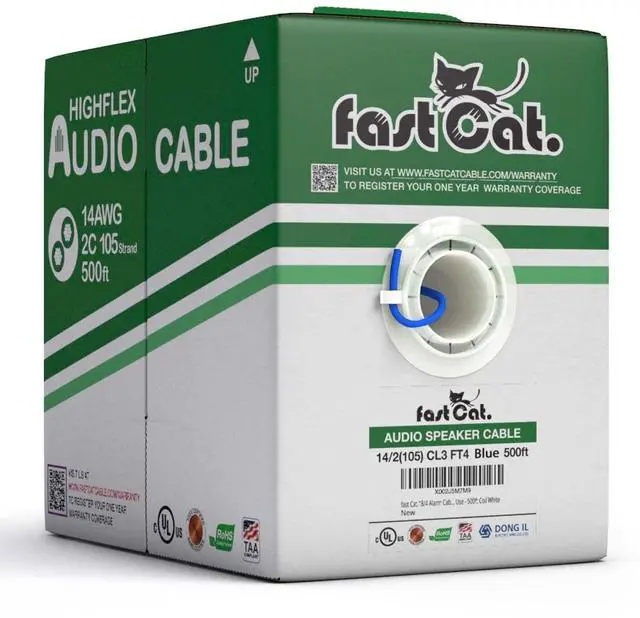Main image of fast Cat. Speaker Wire 14 Guage 2C, UL Listed & CMR/CL3R-FT4 Rated - Speaker Cable w/PVC Jacket, 100% Oxygen-Free Pure Bare Copper - (105) HighFlex 14 Guage Wire - in-Wall Use-500ft Bulk Cable, Blue