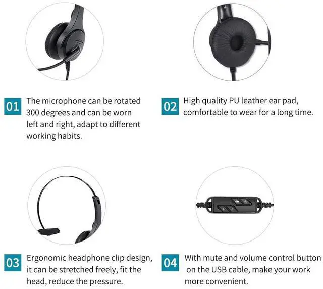 Alt view image 4 of 5 - Dioche USB Headset, Call Center Headset with 300 Degrees Rotatable Noise Cancelling Microphone