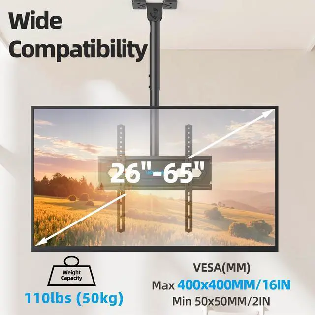 Alt view image 4 of 5 - USX STAR Ceiling TV Mount for 26-65 inch TVs, 360 Swivel Full Motion Ceiling Mount TV Bracket, Height Adjustable, Tilt TVs Ceilings Mounts, Supports up to 110 Lbs, Max VESA 400x400mm