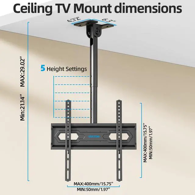 Alt view image 5 of 5 - USX STAR Ceiling TV Mount for 26-65 inch TVs, 360 Swivel Full Motion Ceiling Mount TV Bracket, Height Adjustable, Tilt TVs Ceilings Mounts, Supports up to 110 Lbs, Max VESA 400x400mm