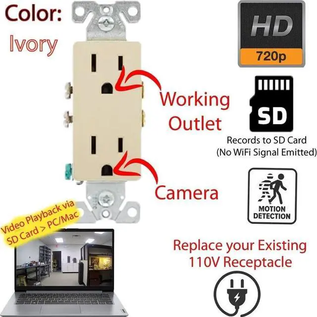 Alt view image 2 of 4 - Power Receptacle Outlet HD Spy Camera SD Card DVR Nanny Camera (WiFi/Ivory)