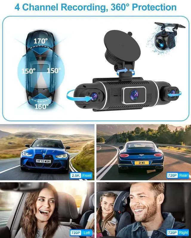 Alt view image 3 of 5 - 4 Channel Dash Cam Front and Rear Inside Left Right, 360 Dash Camera with 5GHz WiFi & App Control, 24H Parking Monitor, Super Night Vision, G-Sensor, Loop Recording, 64GB SD Card Included