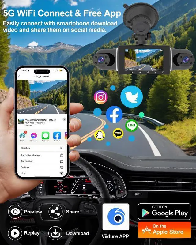 Alt view image 4 of 5 - 4 Channel Dash Cam Front and Rear Inside Left Right, 360 Dash Camera with 5GHz WiFi & App Control, 24H Parking Monitor, Super Night Vision, G-Sensor, Loop Recording, 64GB SD Card Included