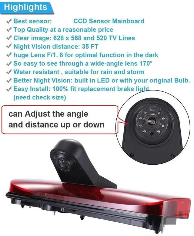 Alt view image 5 of 5 - Car Third Roof Top Mount Brake Light 3 Brake Stop lamp Rear View Camera, HD Night Vision Waterproof for Ford Transit Connect 2014-2017 Transporter Business MPV SUV Bus(with 4.3-inch Rearview Mirror)