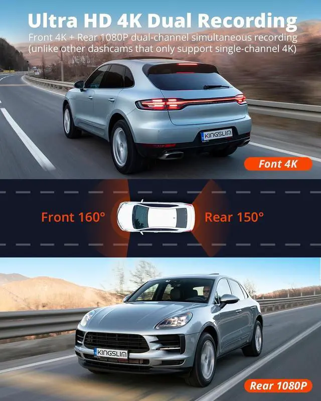 Alt view image 2 of 5 - Kingslim E4 4K Dash Cam Front and Rear, WiFi Front 4K Rear 1080P Dual Dash Camera for Cars, Mini Dashcam with APP Control, Night Vision, Parking Mode