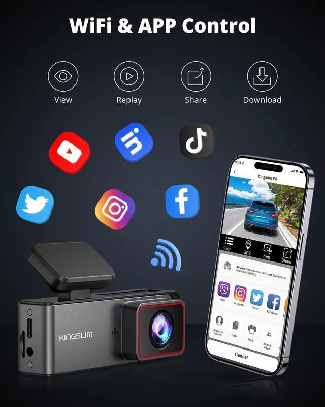 Alt view image 3 of 5 - Kingslim E4 4K Dash Cam Front and Rear, WiFi Front 4K Rear 1080P Dual Dash Camera for Cars, Mini Dashcam with APP Control, Night Vision, Parking Mode