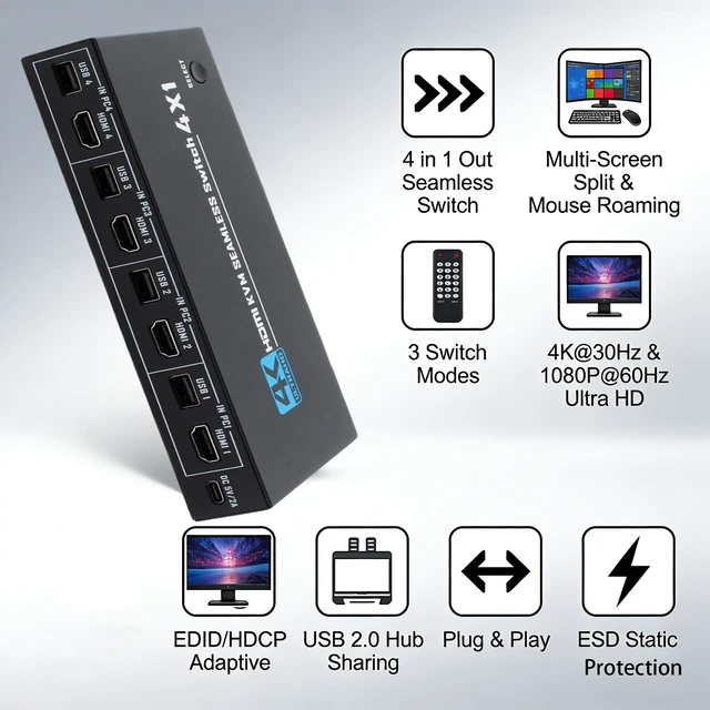 Alt view image 4 of 5 - HDMI KVM Switch 4 Port, 4 in 1 Out 4K@30Hz USB 2.0 KVM Switcher with Remote Hotkey Switch, Multiview Split Screen Mouse Roaming for PC Laptop Gaming Monitor