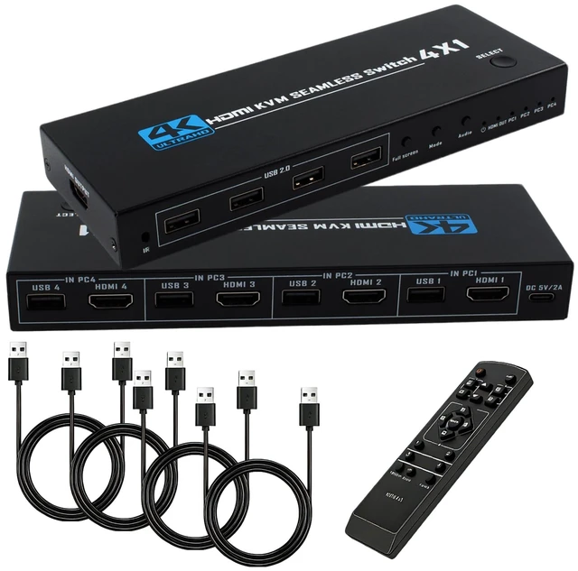 Main image of HDMI KVM Switch 4 Port, 4 in 1 Out 4K@30Hz USB 2.0 KVM Switcher with Remote Hotkey Switch, Multiview Split Screen Mouse Roaming for PC Laptop Gaming Monitor