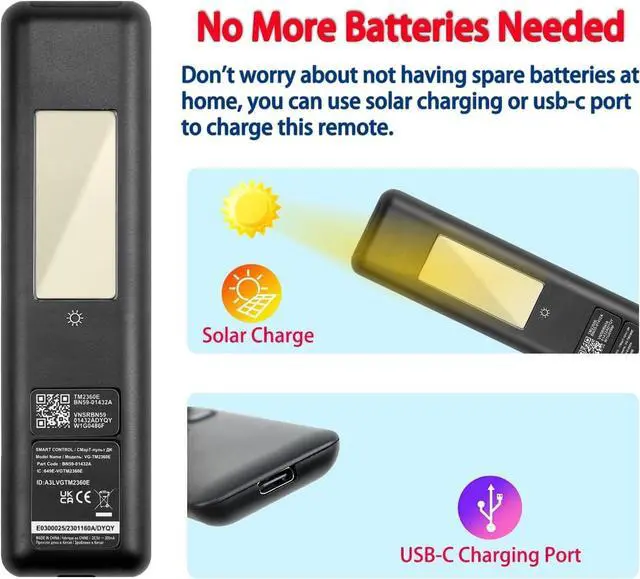 Alt view image 5 of 5 - 2Pack New BN59-01432A Solar Voice Remote Replacement TV Bluetooth Rechargeable with Solar Charging, Compatible with Samsung 2023-2024 Neo QLED, 8K, The Frame, and Crystal UHD Series, Black