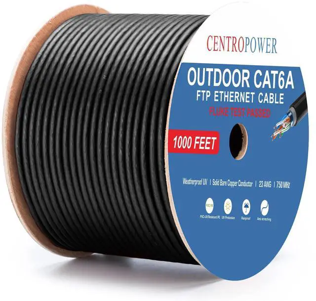 Main image of CENTROPOWER Cat 6A Outdoor Direct Burial Ethernet Cable, Shielded F/UTP, 1000 ft, 23AWG Solid Bare Copper, 750MHz, Double Sheath Waterproof, UV, CMR, Black, 10Gbps, PoE++, 4PPoE, ETL Listed