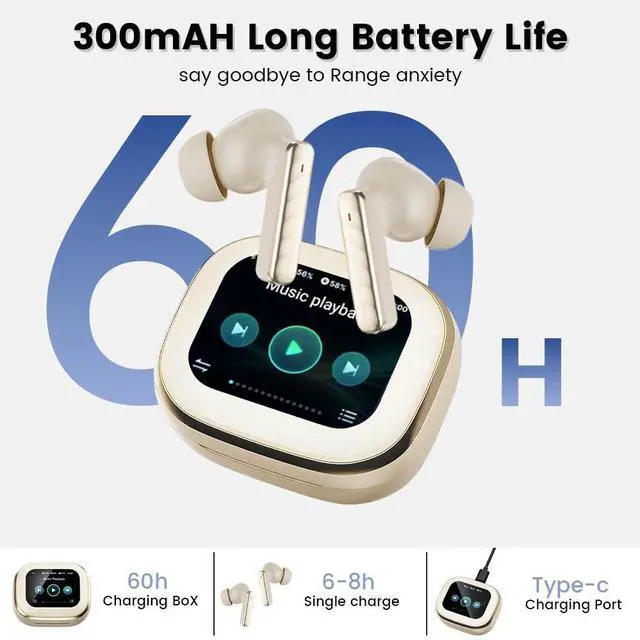Alt view image 4 of 5 - Yeabomy Wireless Earbuds with Touch Screen, Bluetooth 5.4 Headphones, ANC Noise Cancelling, 60H HiFi Stereo Bluetooth Ear Buds with 5 EQ Modes, IPX7 Earphones for Sports/Workout/Gym (Beige)