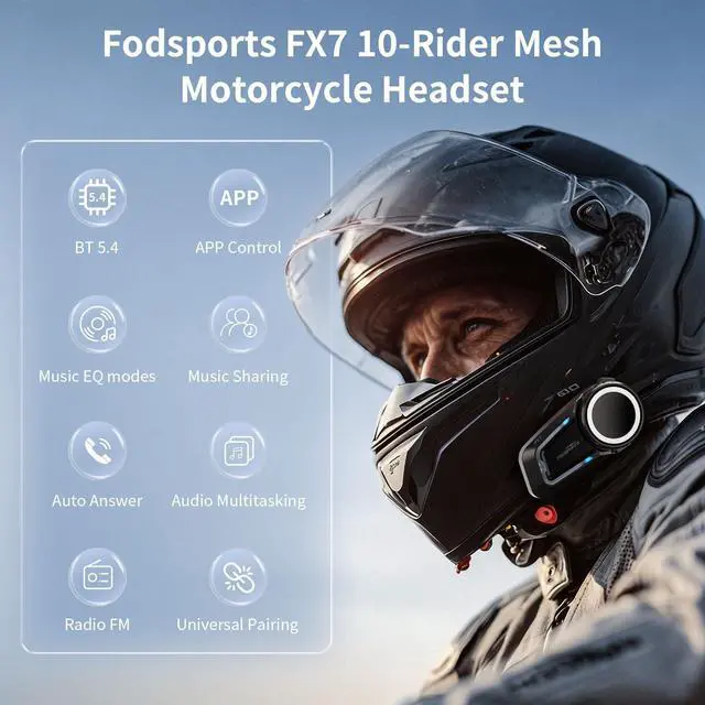 Alt view image 2 of 5 - Fodsports FX7 10-Rider Mesh Motorcycle Bluetooth Headset with Music Share, Smart APP Control, Dual Chips V5.4 Helmet Communication System with Audio Multitasking & FM, 3 Intercom & EQ Music Modes
