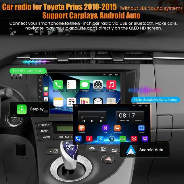 Alt view image 3 of 5 - Car Radio Stereo for Toyota Prius 2010-2015 Without JBL Sound System, Support Wireless Carplay/Android Auto/Mirrorlink, 9 Inch QLED Touchscreen with Bluetooth,FM Radio