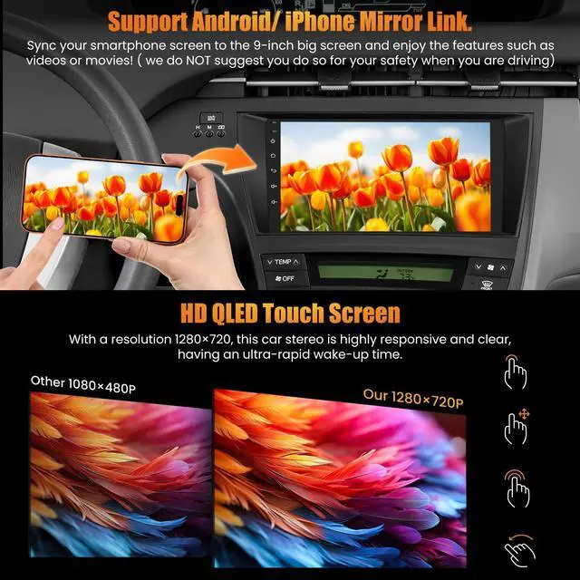 Alt view image 4 of 5 - Car Radio Stereo for Toyota Prius 2010-2015 Without JBL Sound System, Support Wireless Carplay/Android Auto/Mirrorlink, 9 Inch QLED Touchscreen with Bluetooth,FM Radio