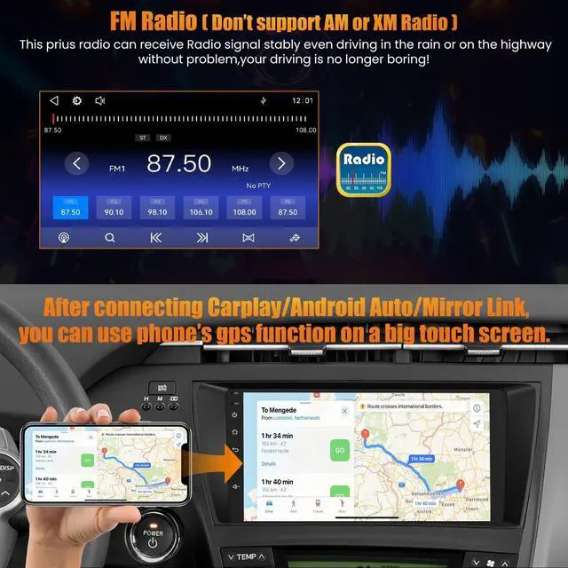 Alt view image 5 of 5 - Car Radio Stereo for Toyota Prius 2010-2015 Without JBL Sound System, Support Wireless Carplay/Android Auto/Mirrorlink, 9 Inch QLED Touchscreen with Bluetooth,FM Radio