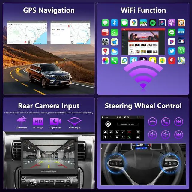 Alt view image 4 of 5 - XGU Single Din Car Stereo,7 inch Flip Out Screen Car Player, Single Din Slide Out Touchscreen Radio, Support Bluetooth Car Audio Receivers,FM Radio/Mirrorlink/USB/AUX