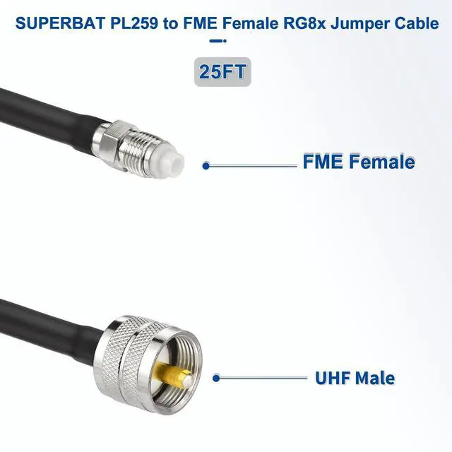 Alt view image 2 of 5 - Superbat CB Coax Jumper RG8x Coaxial Cable 25ft, RG8X Coaxial Stranded Connector Wire with PL-259 and FME/PL259 Male Connector Durable, Low-Loss CB Radio HAM Radio Coax Cable