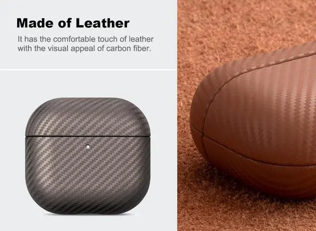 Alt view image 2 of 5 - Haobobro Leather Case for AirPods 4 / AirPods 4 with Active Noise Cancellation Case Cover - Selected Skin-Friendly Leather, Carbon Fibre Texture, Handmade Drop Protective Hard Cover - Desert Titanium