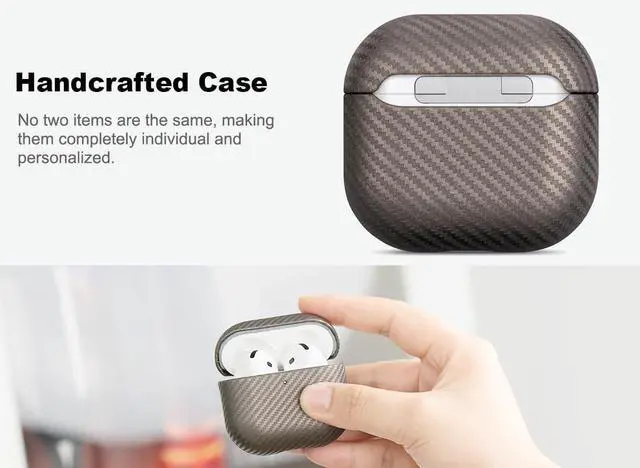 Alt view image 3 of 5 - Haobobro Leather Case for AirPods 4 / AirPods 4 with Active Noise Cancellation Case Cover - Selected Skin-Friendly Leather, Carbon Fibre Texture, Handmade Drop Protective Hard Cover - Desert Titanium