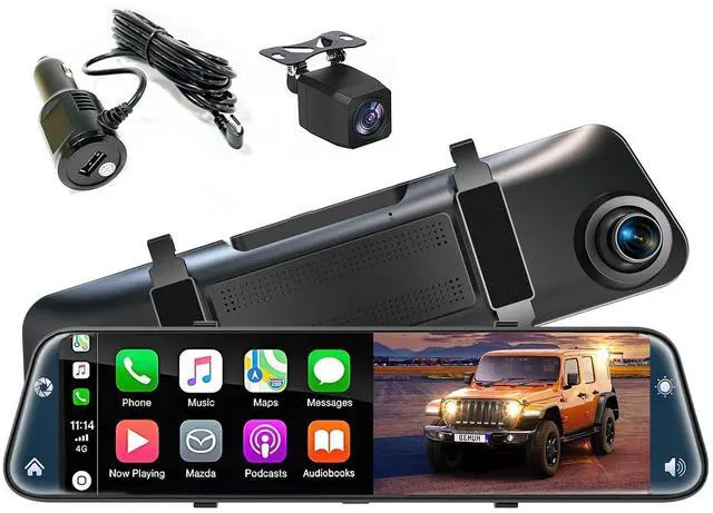 Main image of 12'' Rearview Mirror Camera with CarPlay&Andorid Auto,4K Mirror Dash Cam Front and Rear Backup Camera with Reverse Assist/Loop Record/G Sensor/Voice Control&Split Touch Screen,64GB Card Included