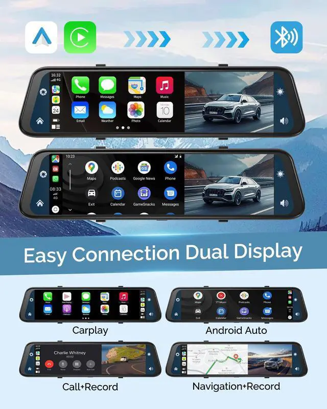Alt view image 3 of 5 - 12'' Rearview Mirror Camera with CarPlay&Andorid Auto,4K Mirror Dash Cam Front and Rear Backup Camera with Reverse Assist/Loop Record/G Sensor/Voice Control&Split Touch Screen,64GB Card Included