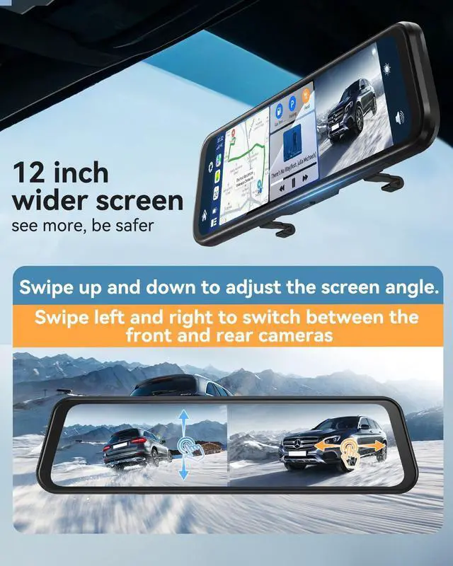 Alt view image 5 of 5 - 12'' Rearview Mirror Camera with CarPlay&Andorid Auto,4K Mirror Dash Cam Front and Rear Backup Camera with Reverse Assist/Loop Record/G Sensor/Voice Control&Split Touch Screen,64GB Card Included