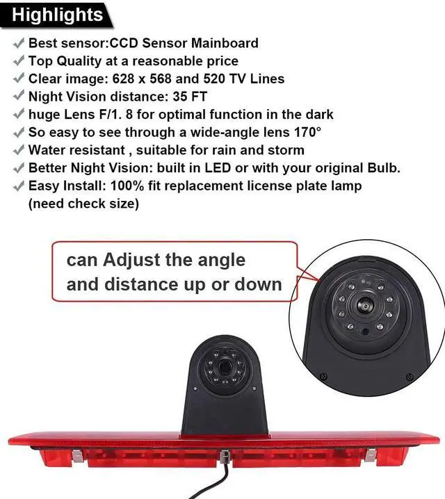 Alt view image 4 of 5 - Car Third Roof Top Mount Brake Light 3 Rear View Camera, HD Night Vision Waterproof for Ford Transit tourneo Custom Jumbo Kasten V363 F150 F250 F350 V636 MK8 2012-2020 (with 4.3-inch Rearview Mirror)